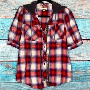 Free People Red and Black Plaid Button Down Shirt